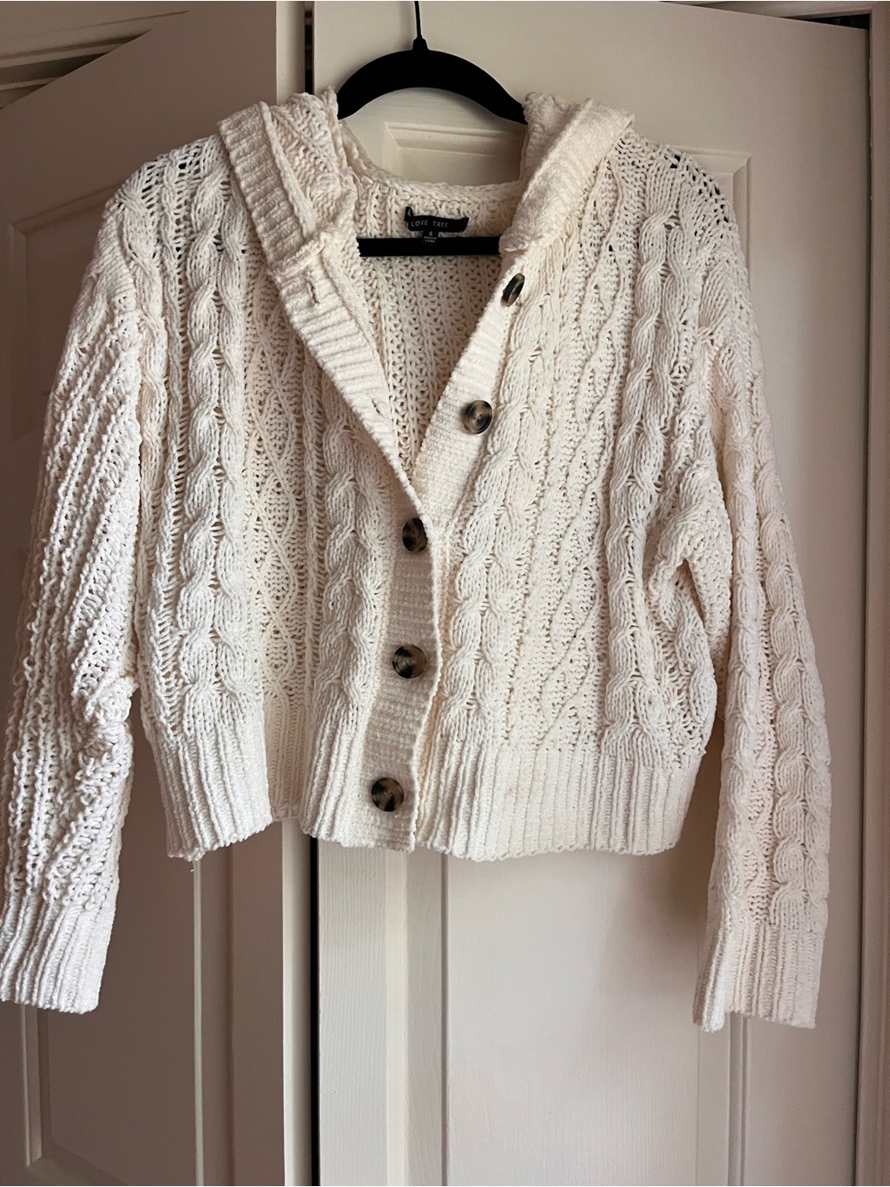 Cable Knit Hooded Button-Up Sweater Cardigan - Cream